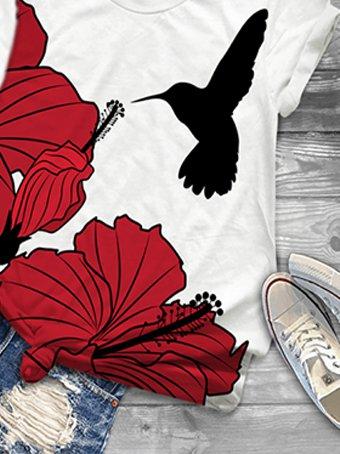 Casual short-sleeved T-shirt with flower and bird print