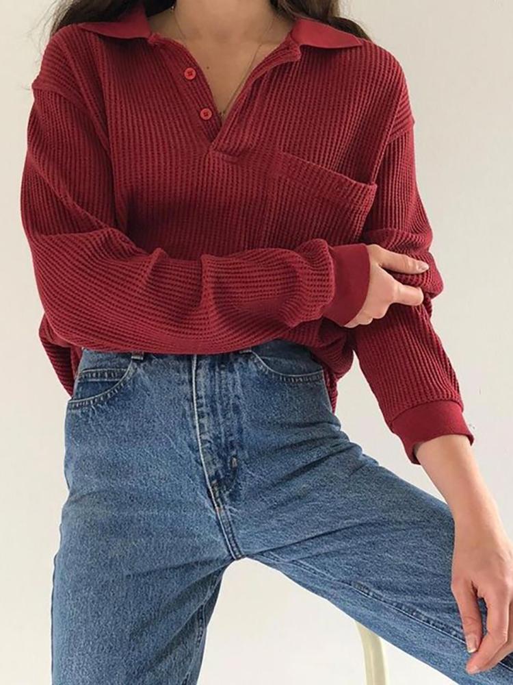 Casual Solid Color Lapel Half-button Sweater