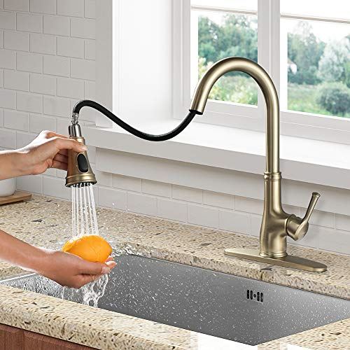 Brushed Gold Copper Single Handle 1 Hole Pull Down Kitchen Faucet