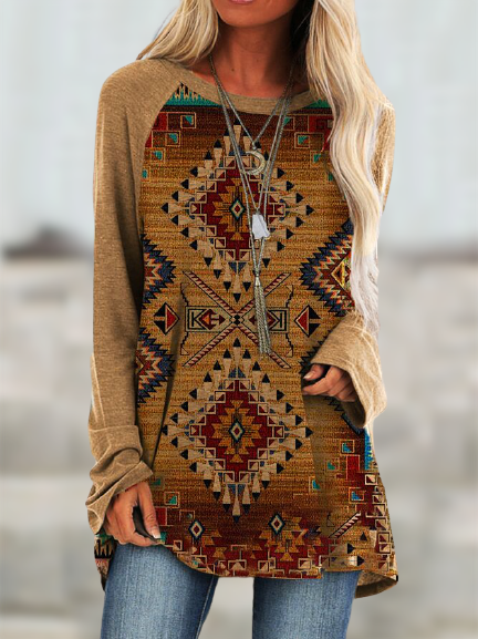 Geometric Round Neck Printed Long Sleeve Shirts & Tops
