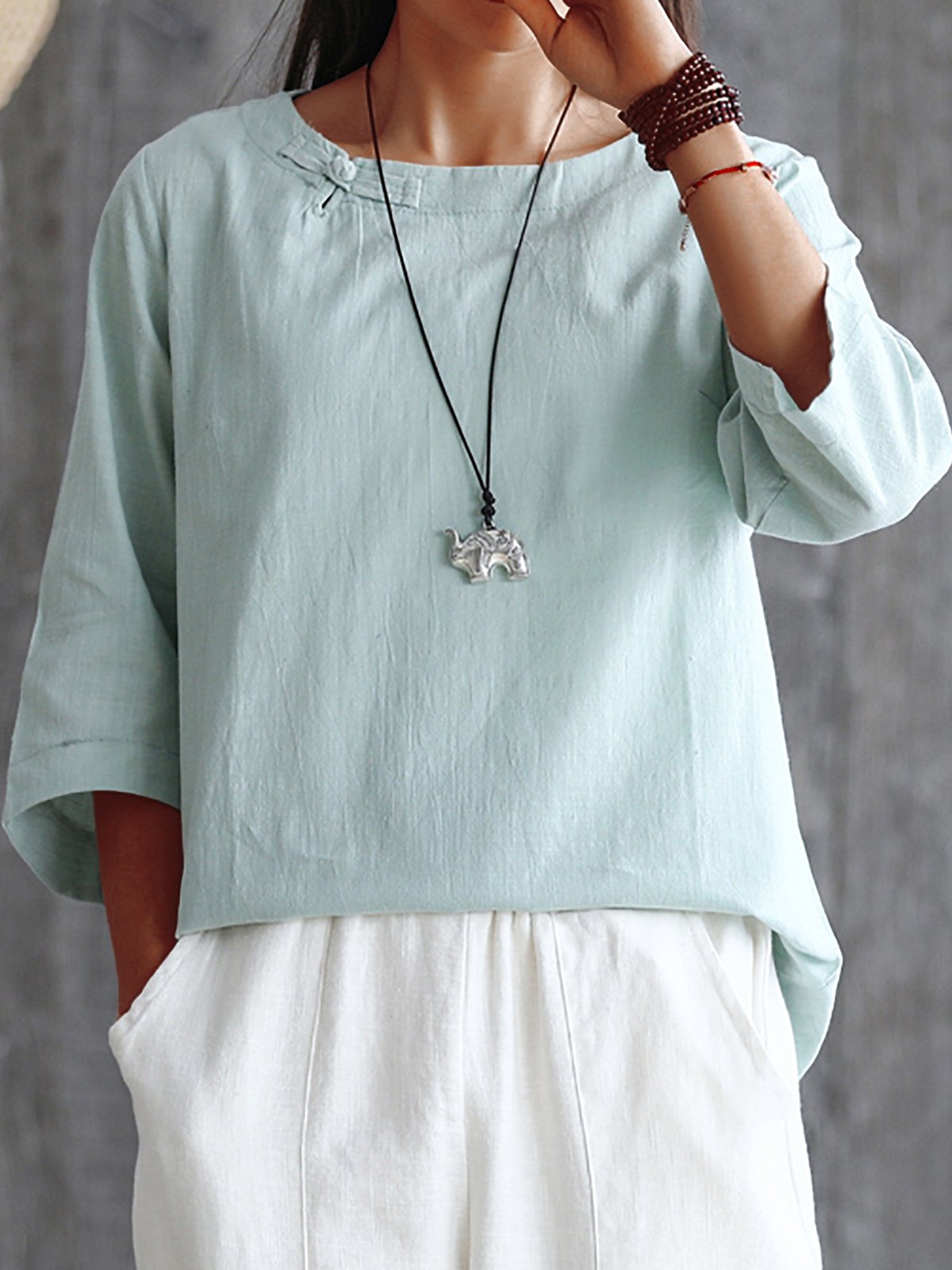 Plus Size Women Half  Sleeve  Round Neck  Solid   Casual  Tops