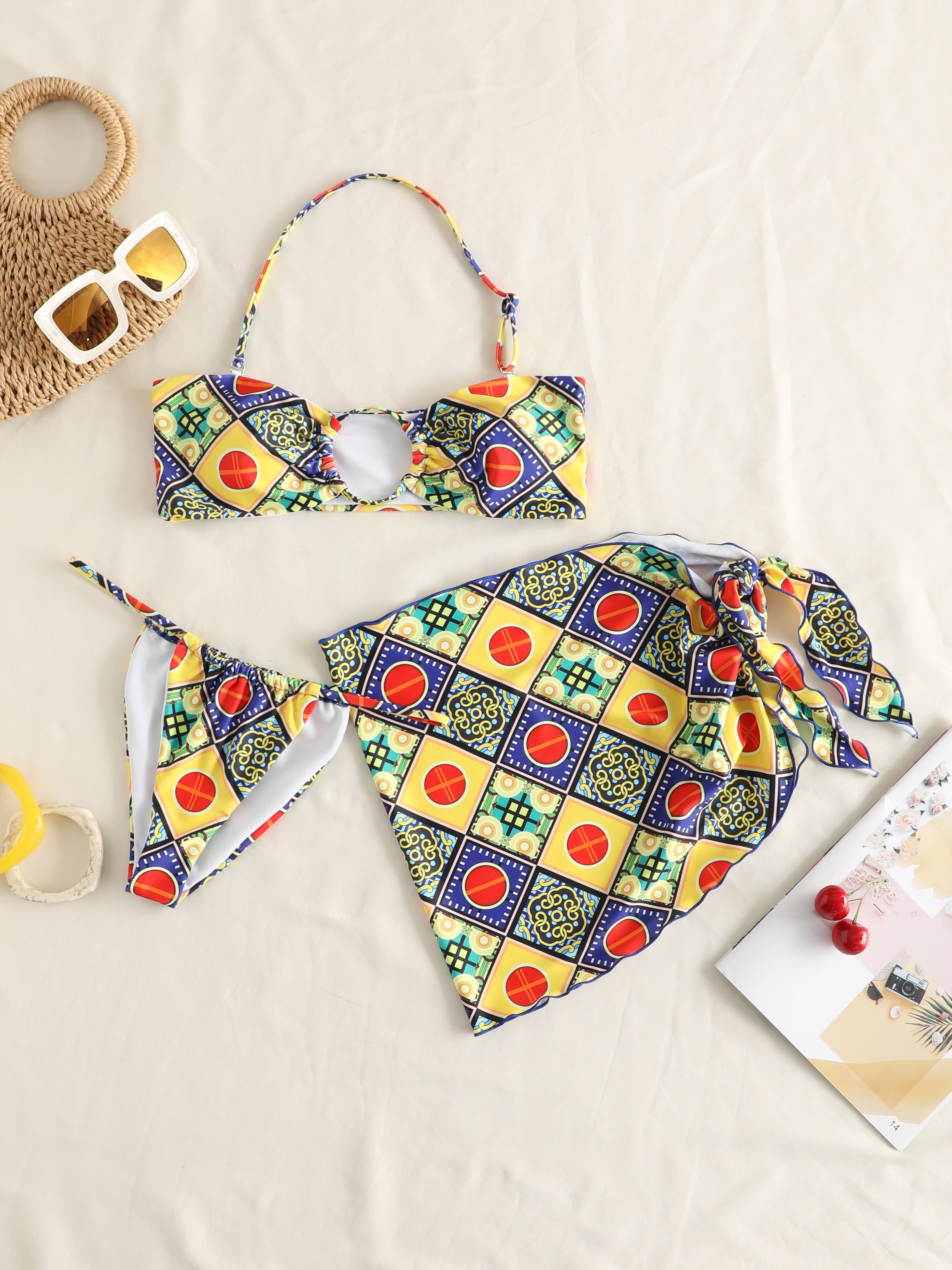 Ethnic Print Cut Out Three-Piece Bikini