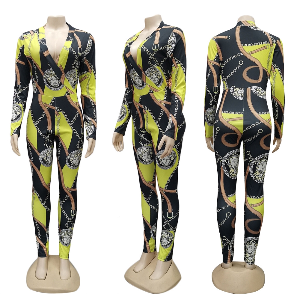 Print Long Sleeve Wrapped Bodycon Jumpsuit