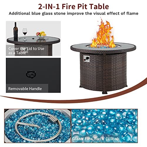 EROMMY Gas Fire Pit Table,38 Inch 50,000 BTU Round Propane Firepits with Lid and Fire Glass,CSA Certification,Add Warmth and Ambience to Gatherings and Parties on Patio Deck Garden Backyard,Brown