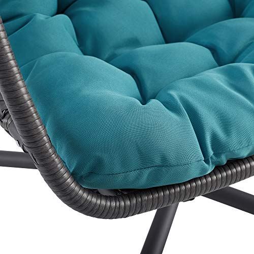Walker Edison Carmel Modern Rattan Hanging Egg Swing Chair with Stand, 78 Inch, Grey and Teal