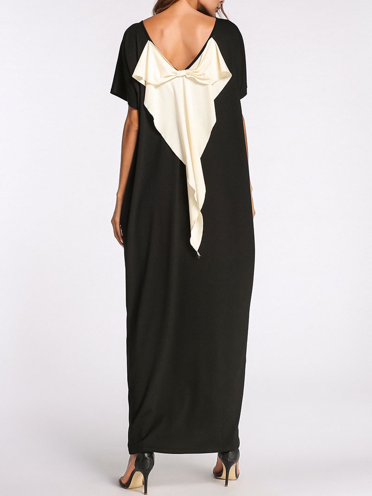 Women Plus Size Black Boat Neck Pockets Solid Bow Shift Maxi Dress