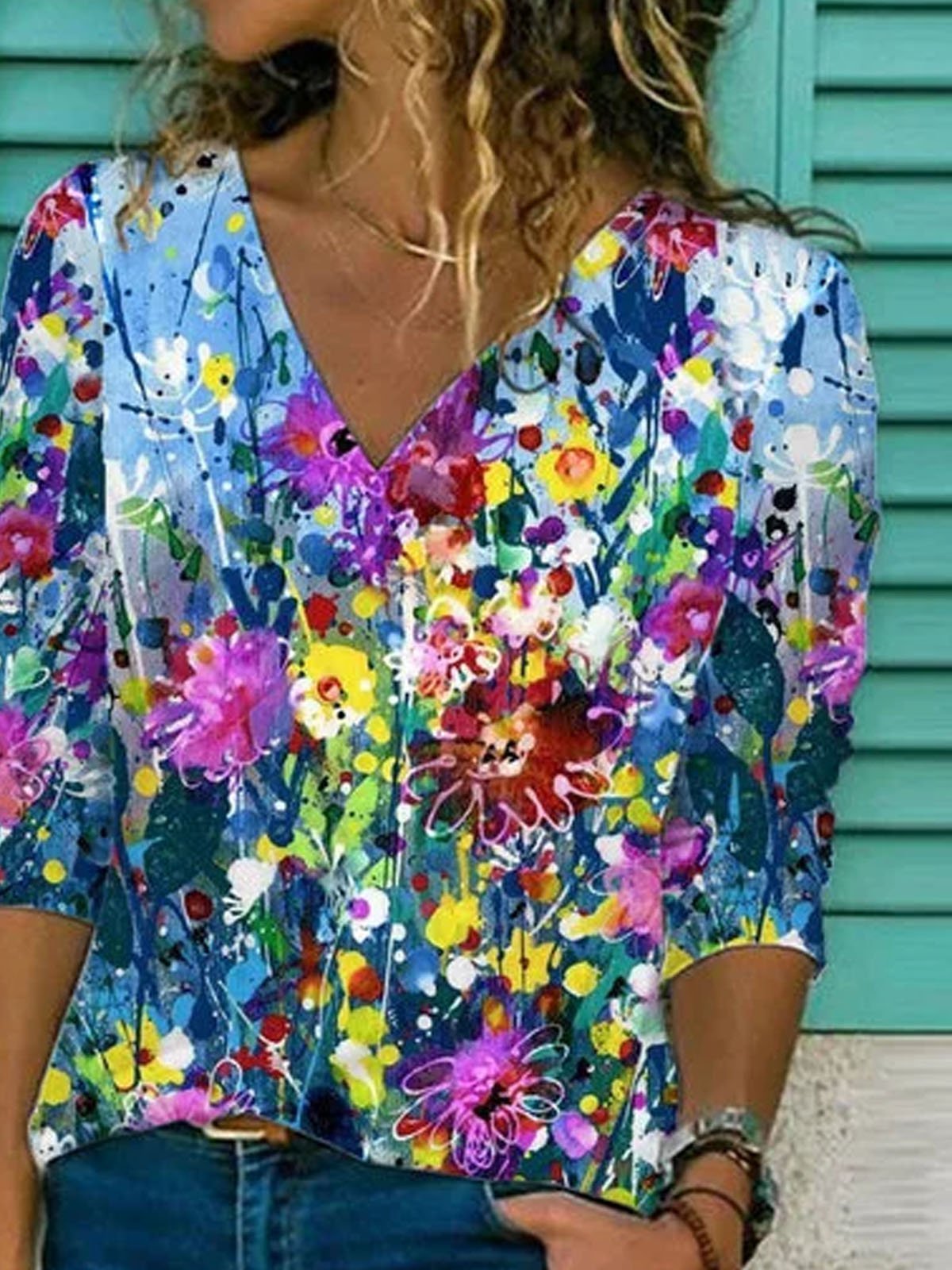 Printed Patchwork Long Sleeve Shirts & Tops