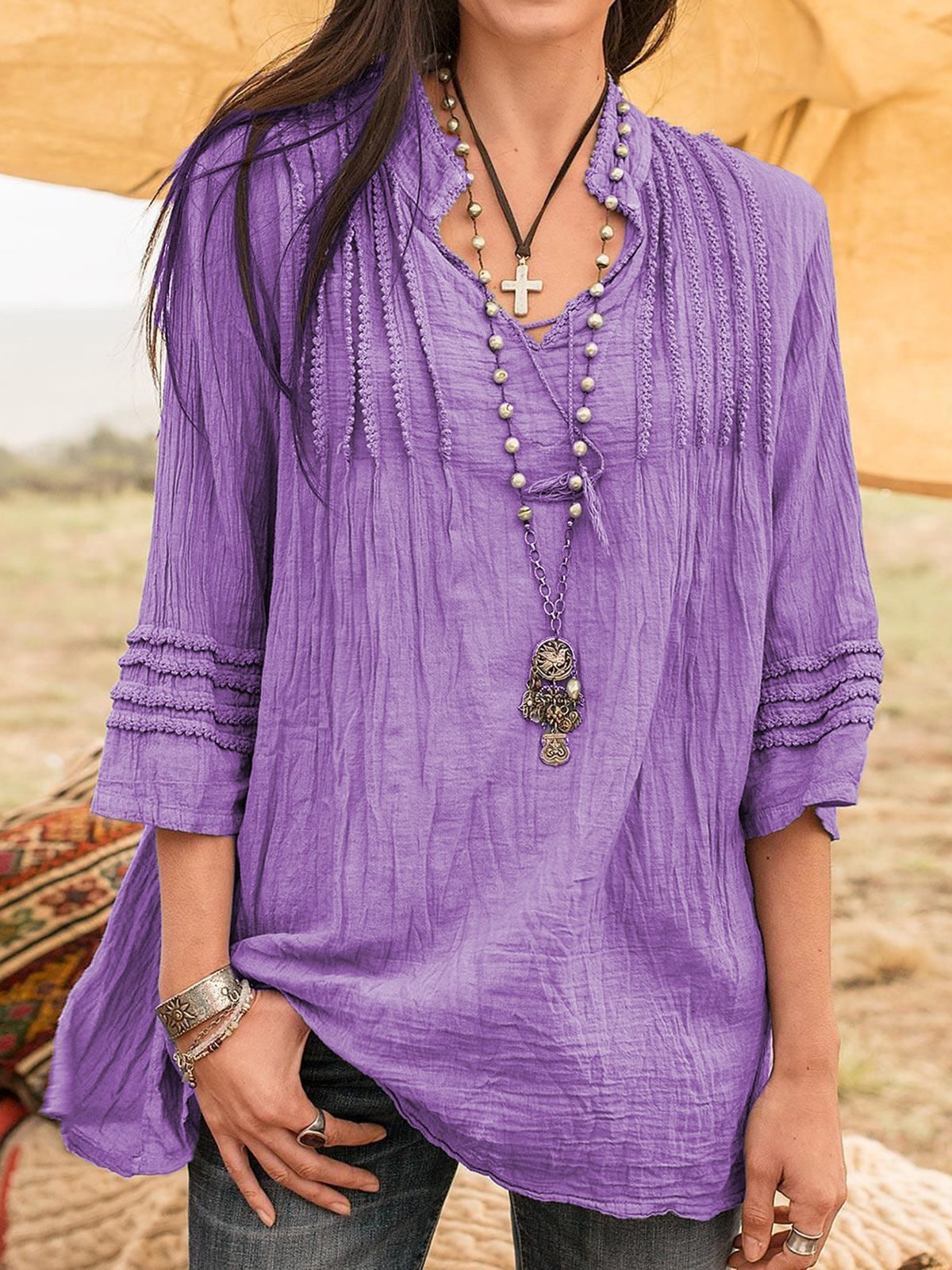 Boho Linen 3/4 Sleeve Guipure Lace Shirts & Tops