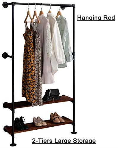Industrial Pipe Hanging Wall Mounted clothes Rack with Natural Wood Base