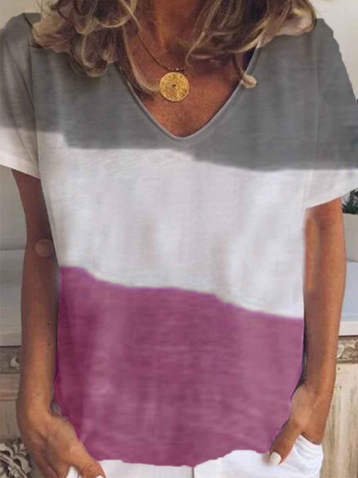 Gray Cotton-Blend Color-Block Short Sleeve Shirts & Tops