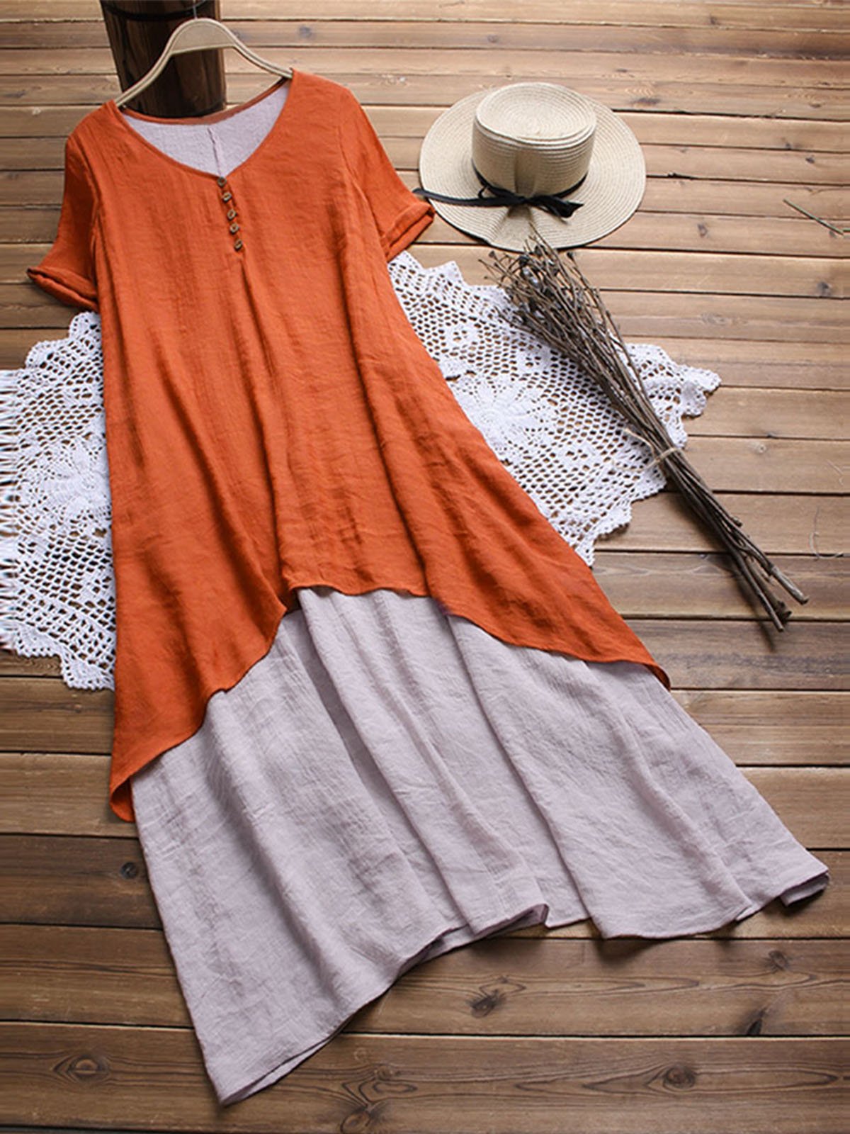 V Neck Short Sleeve Solid Linen Dresses
