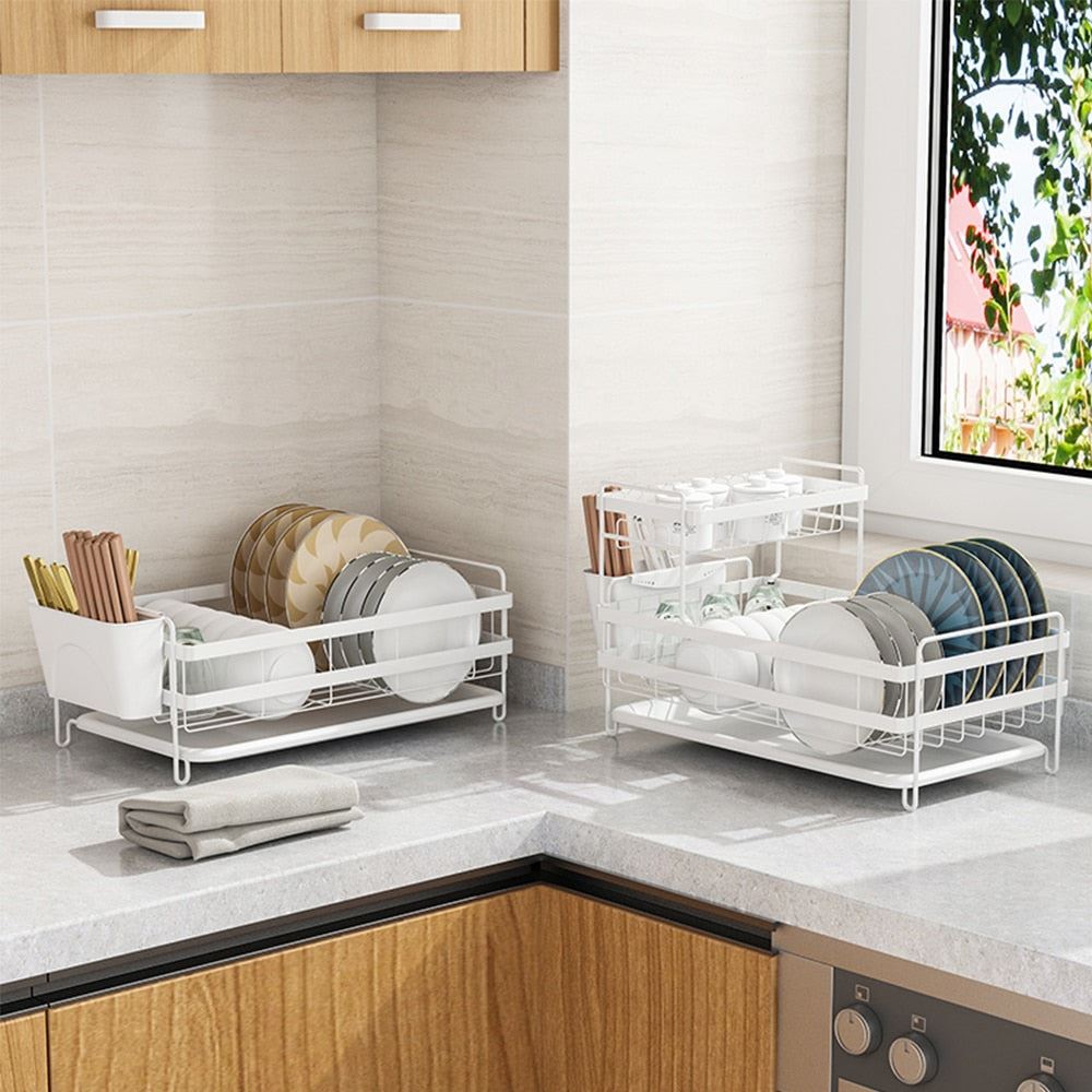 2 Tier Dish Drying Racks with Utensil Holder, Dishes Drainer and Removable Drainboard