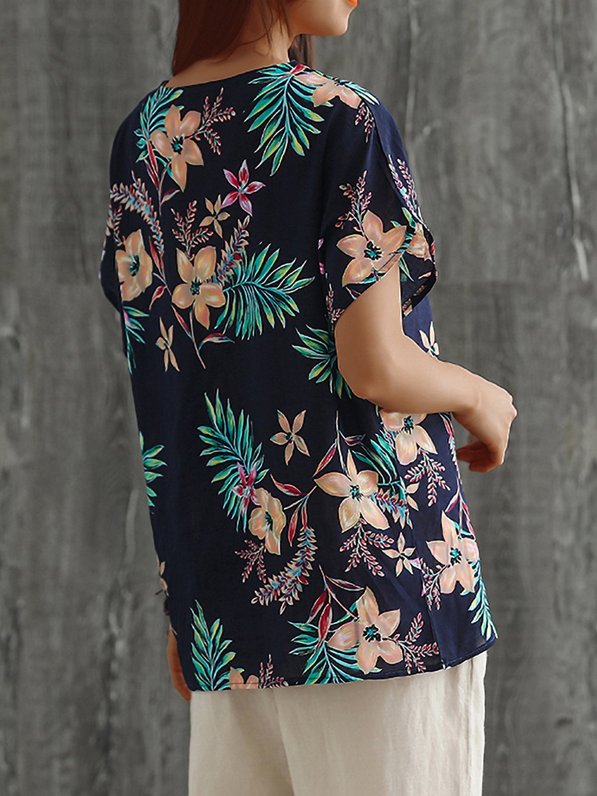 Plus Size Women Loose Cotton And Linen Round Neck Short Sleeve Floral Casual Top