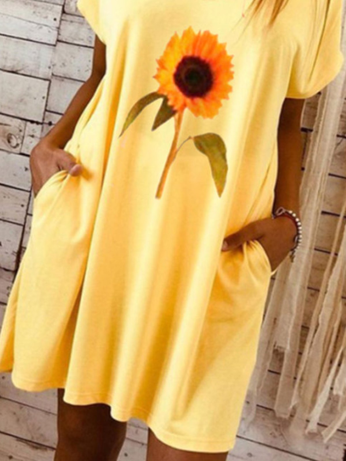 Yellow Floral Date Daily Casual V neck A-Line Short Sleeve Dresses