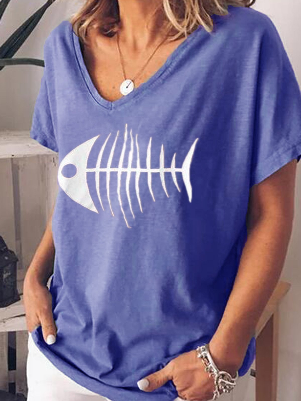 Cotton-Blend V Neck Short Sleeve Casual Shirts & Tops