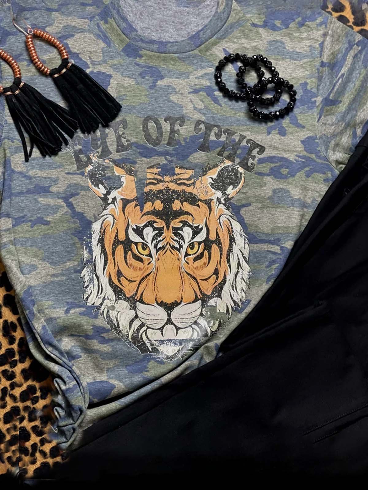 Color-Block Animal Short Sleeve Vintage Shirts & Tops