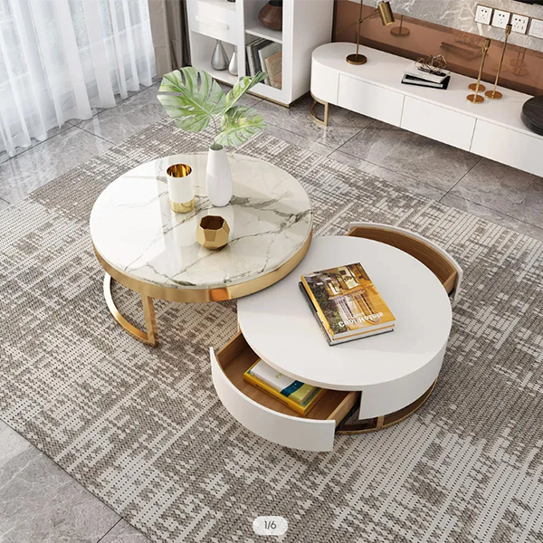 Modern Round Lift-top Nesting Wood Coffee Table with Storage in White & Natural