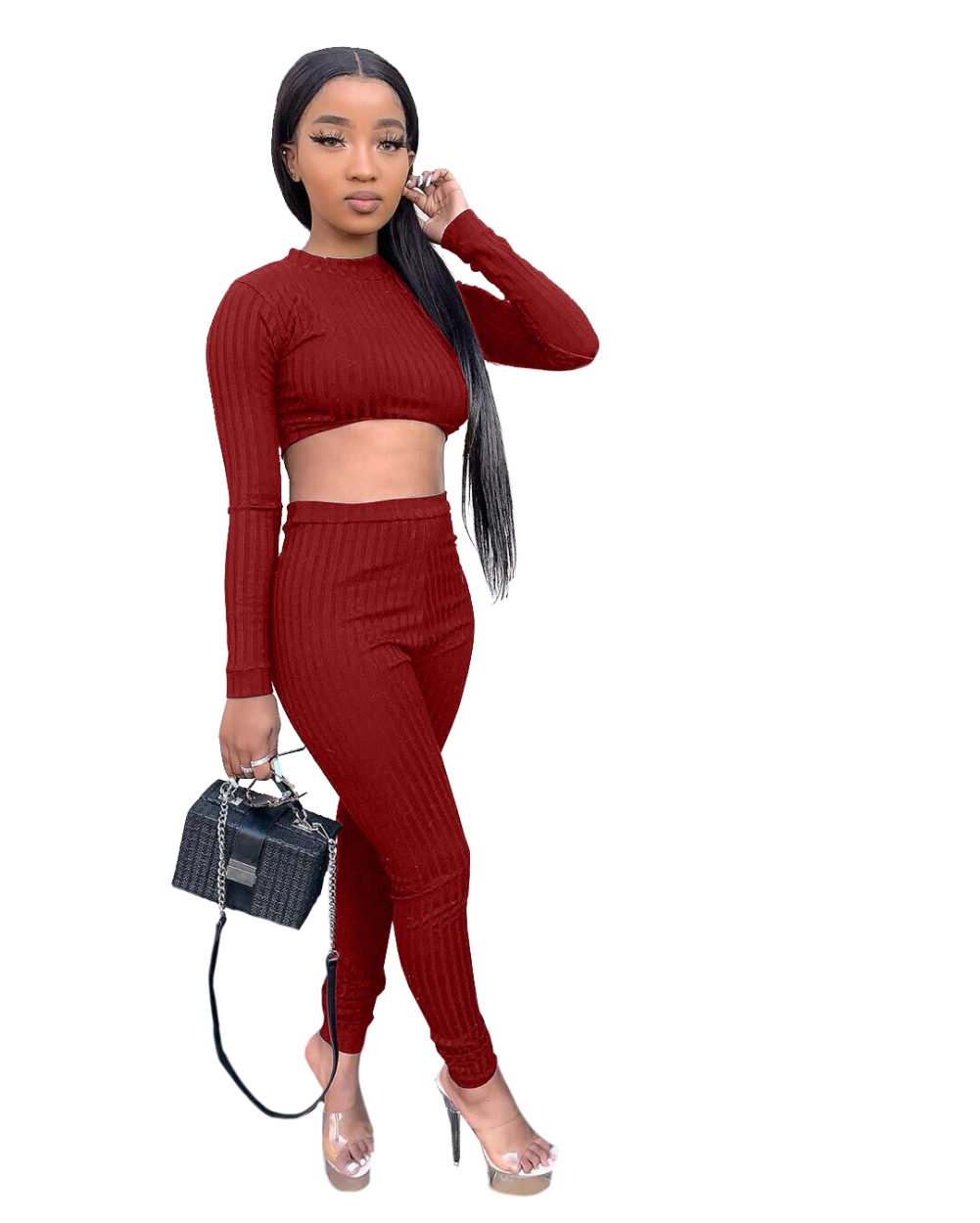 Fall Plain Knitted Crop Top and High Waist Legging Set