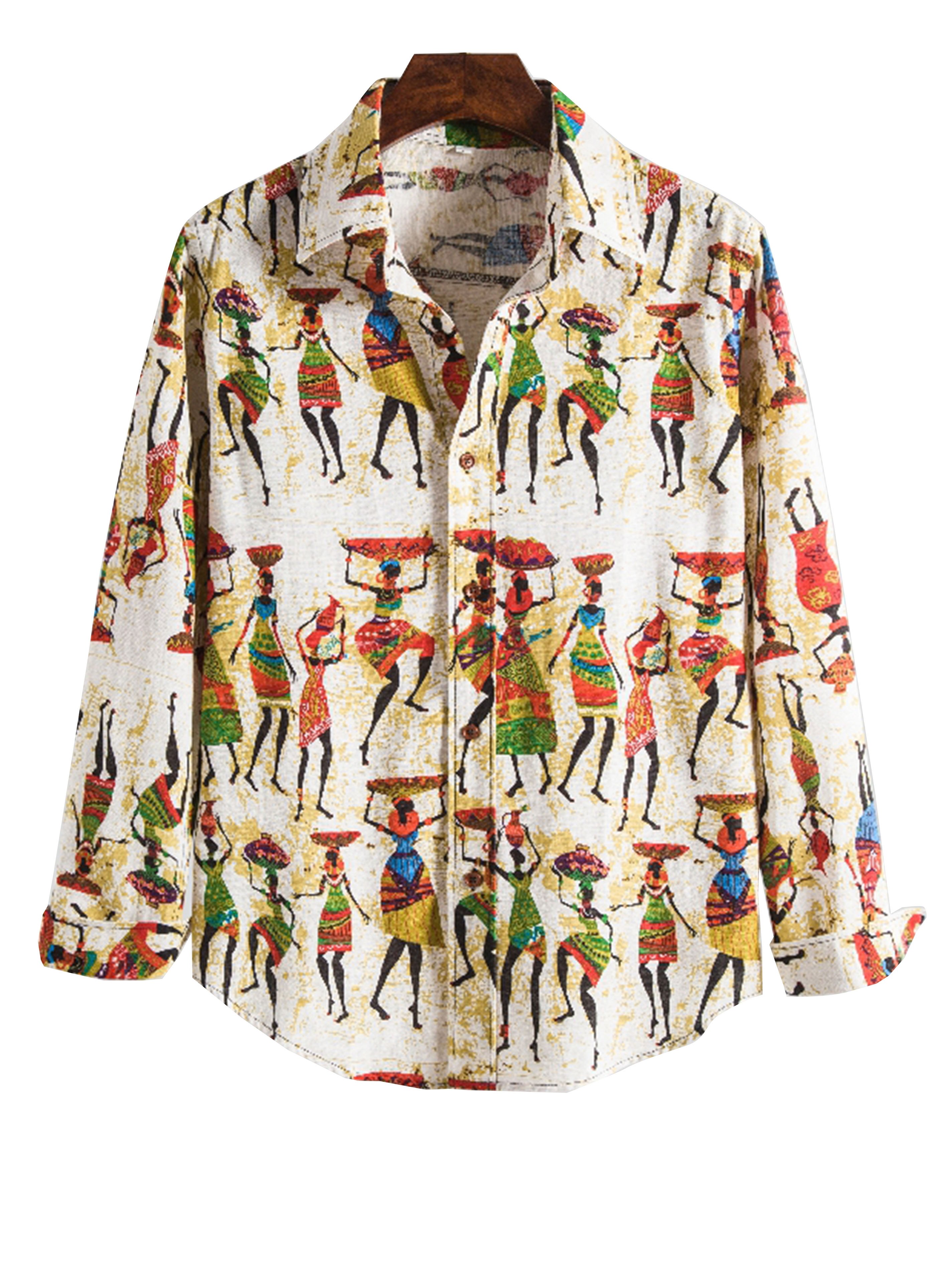 Men's Retro Character Print Cuffed Shirt