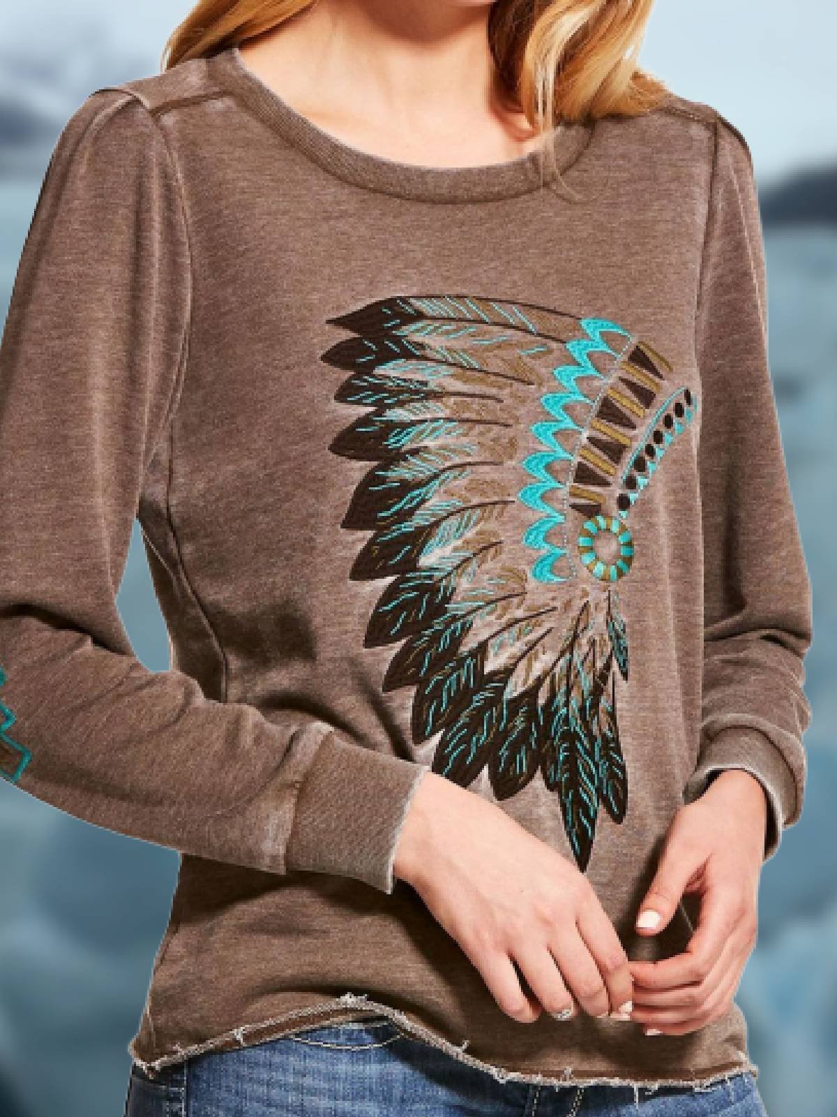 Round Neck Cotton-Blend Long Sleeve Color-Block Shirts & Tops