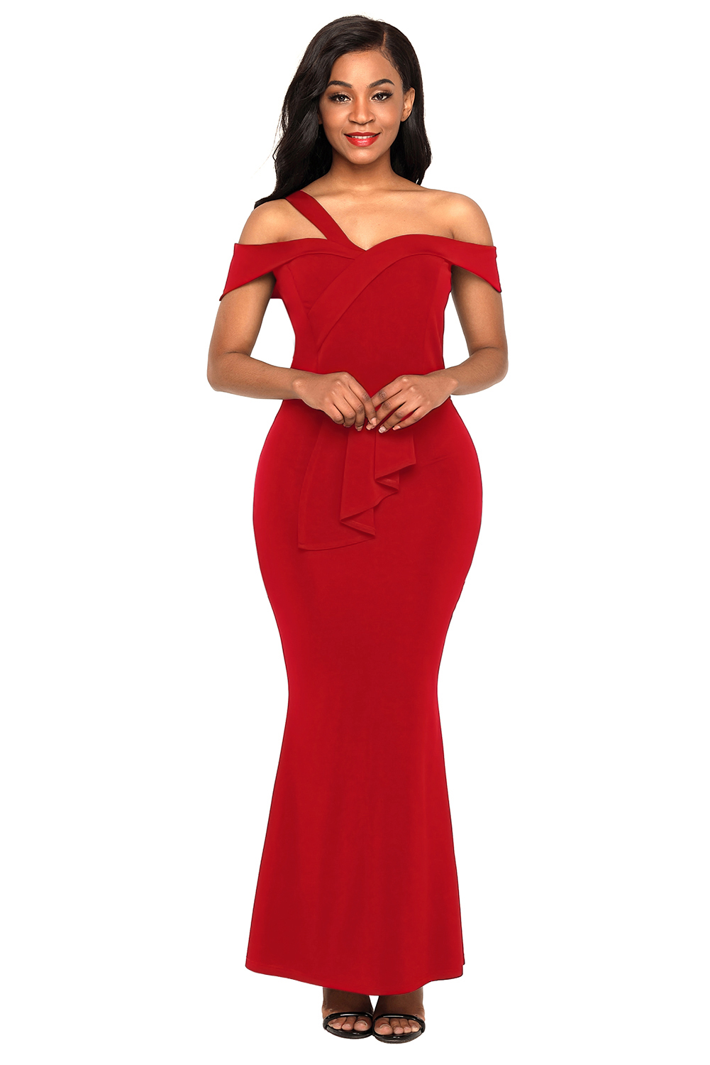 Red Asymmetric Off Shoulder Look High Waist Party Gown