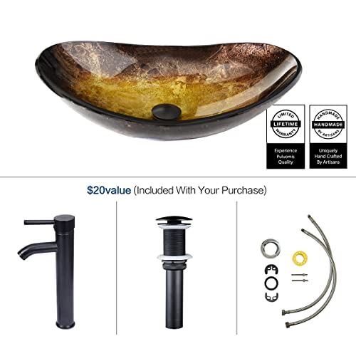 Glass Vessel Sink Free Oil Rubbed Bronze Faucet and Pop-up Drain,Gold ingot