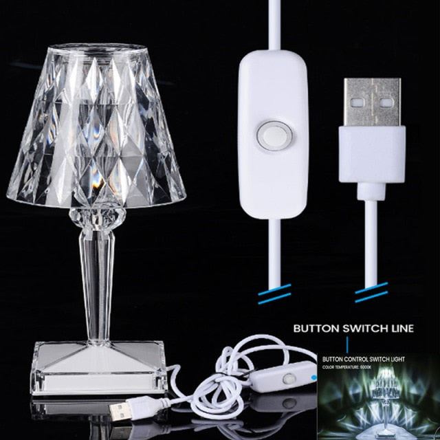 Crystal Table Lamp Diamond Acrylic LED USB Dimmable Bedroom Bedside Light Desk Night Lamp