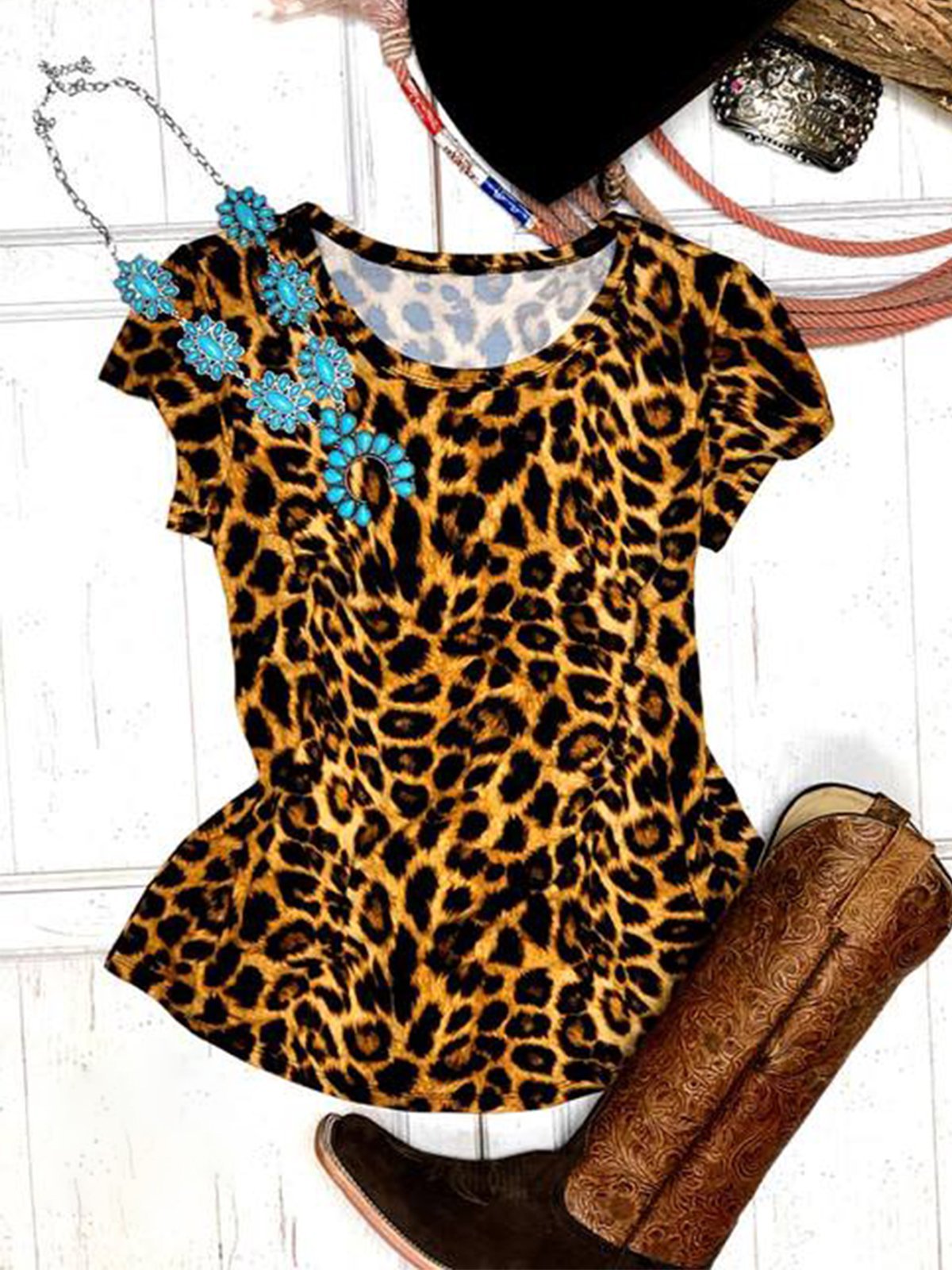 Leopard Shift Short Sleeve Jersey Sexy Shirts & Tops