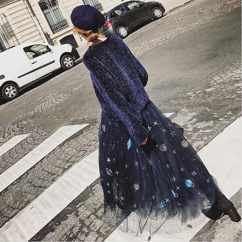 Fashion Pure Colour Sweater And Gauze Maxi Skirt