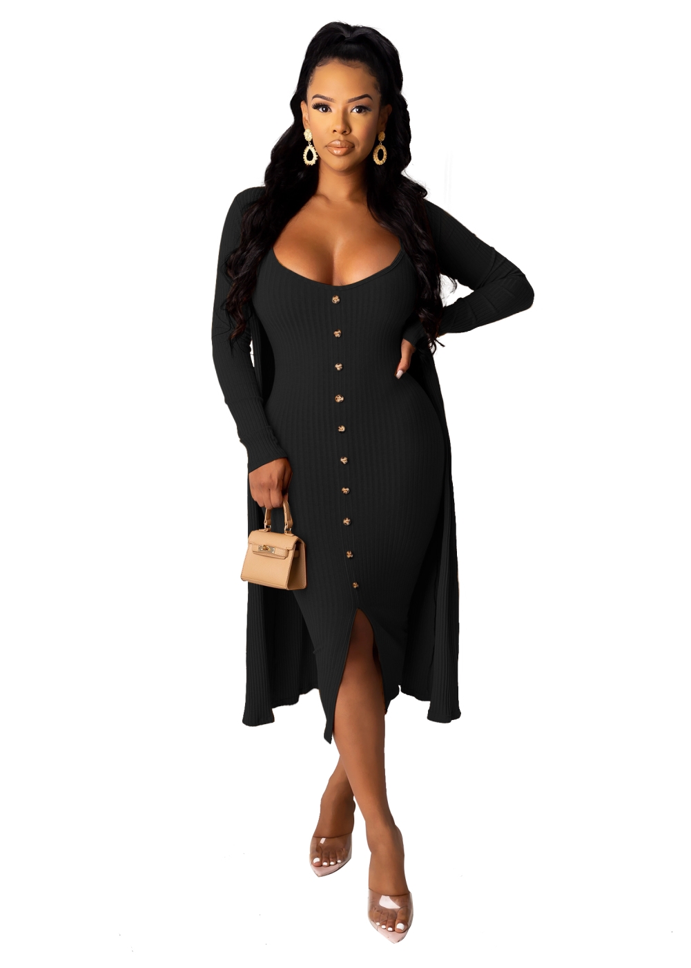 Solid Color Two Piece Dress with Matching Cardigans