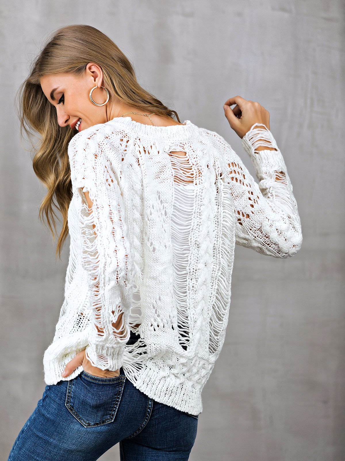 V Neck Casual Long Sleeve Ripped Sweaters