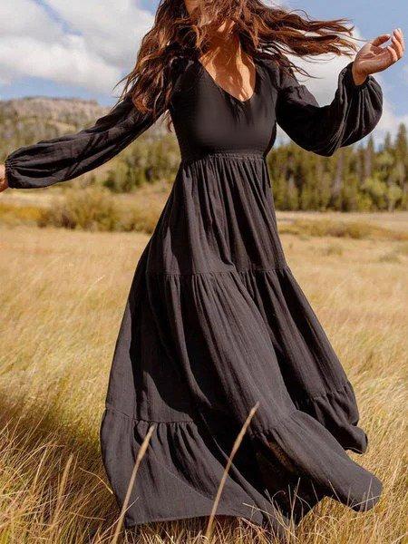 Vintage Plus Size Plain Long Sleeve Casual Dresses