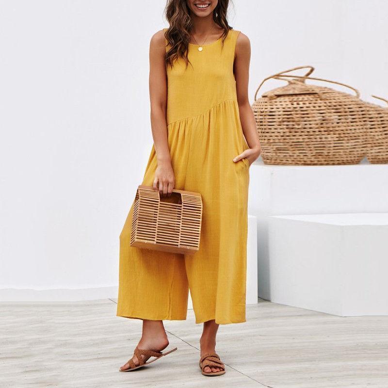 Casual Round Collar Plain Loose Sleeveless Jumpsuit