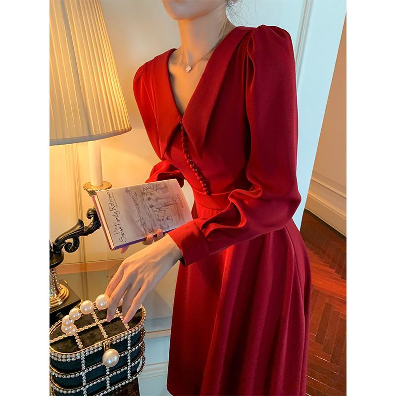 Red Elegant Christmas Dress Women Autumn Casual Retro Party Midi Dress Female Slim Hepburn Chic Korean Dress Women 2022 New -- auto create collection