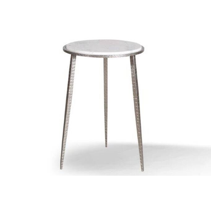Q-Max Round End Table with Marble Top and Three Tapered Legs in Silver Finish - White