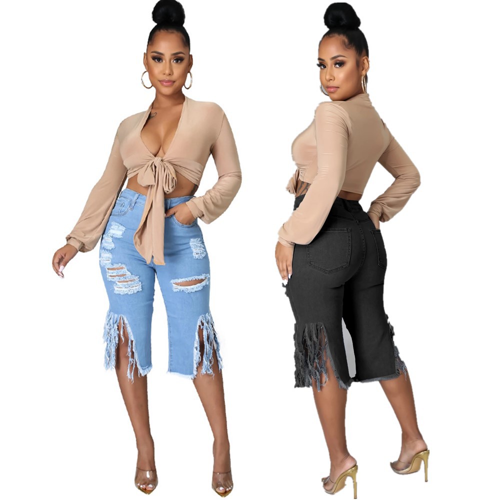 New tassel ripped stretch cropped jeans YYU6579