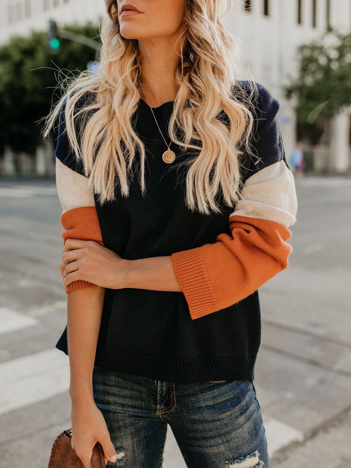 Patchwork Round Neck Casual Sweater