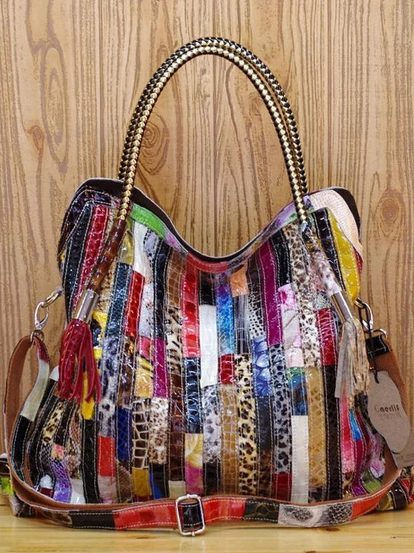 Leather stitching bohemian style handbag