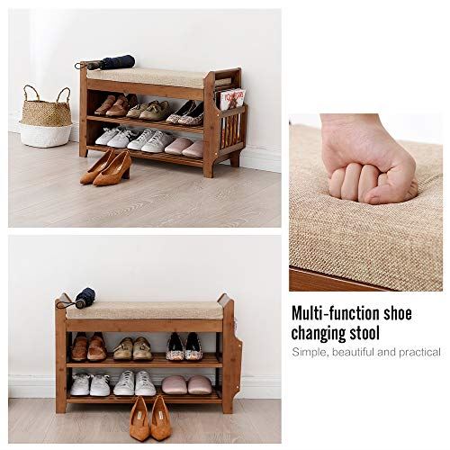 Bamboo Shoe Rack Bench with Removable Cushion Hidden Drawer and Umbrella Stand