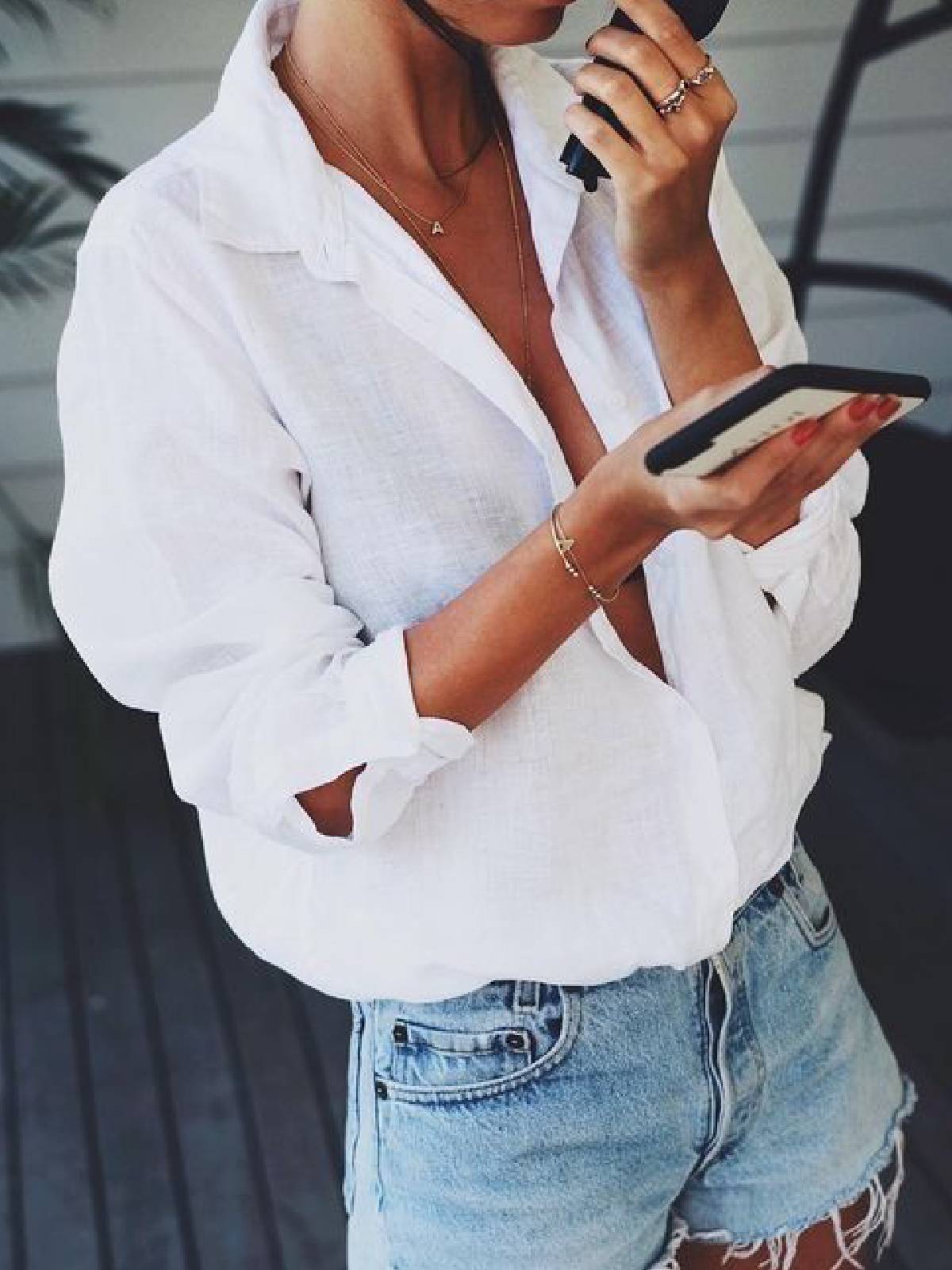 Shirt Collar Cotton-Blend Long Sleeve Solid Shirts & Tops