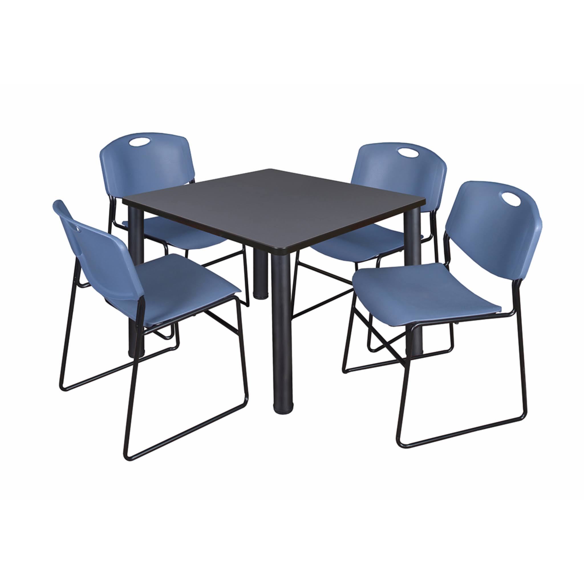 Regency Kee 42x22 Square Breakroom Table- Grey/ Black 4 Zeng Stack Chairs- Blue