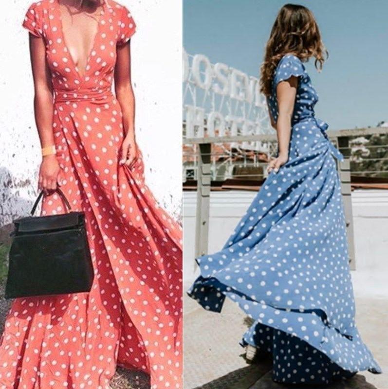 Women Sexy Deep V Neck Polka Dot Boho Maxi Skirts