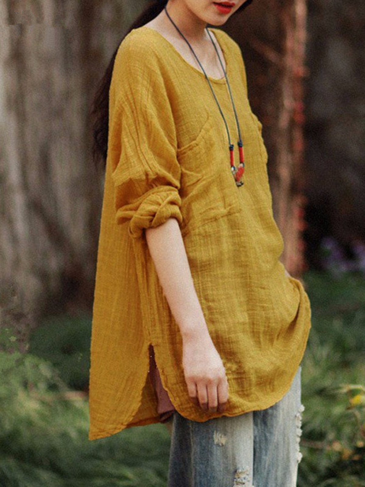 Long Sleeve Casual Pockets Crew Neck Linen Blouse