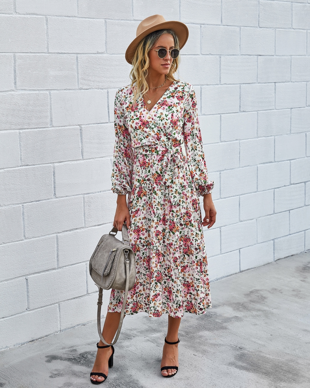 Western Long Sleeve Wrapped Floral Long Dress