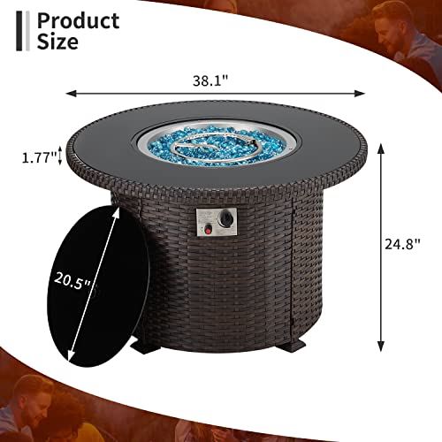 EROMMY Gas Fire Pit Table,38 Inch 50,000 BTU Round Propane Firepits with Lid and Fire Glass,CSA Certification,Add Warmth and Ambience to Gatherings and Parties on Patio Deck Garden Backyard,Brown