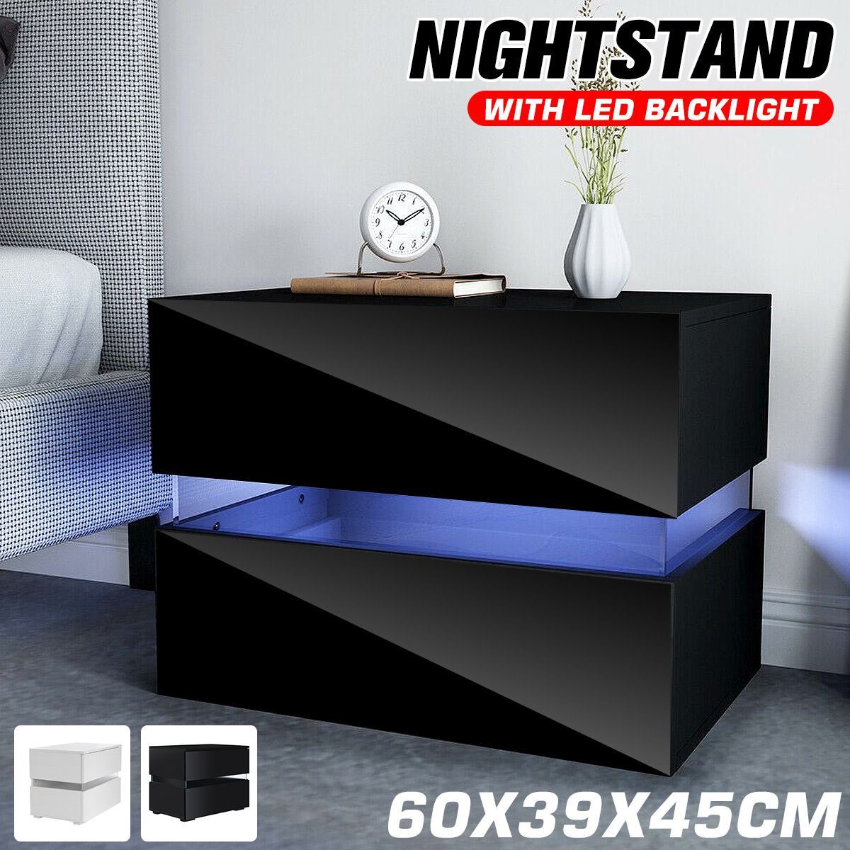Modern LED Bedside Table High Gloss RGB Coffee Tables with 2 Drawers Sofa Side