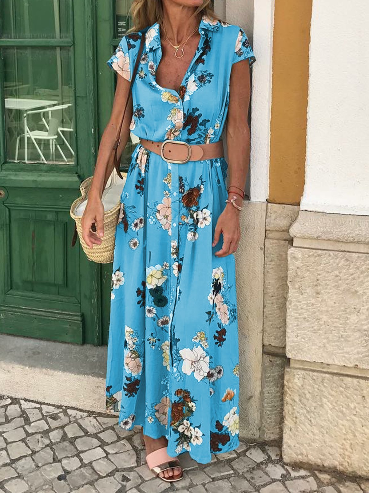 Shirt Collar Women Dresses Shift Daily Cotton-Blend Floral Dresses