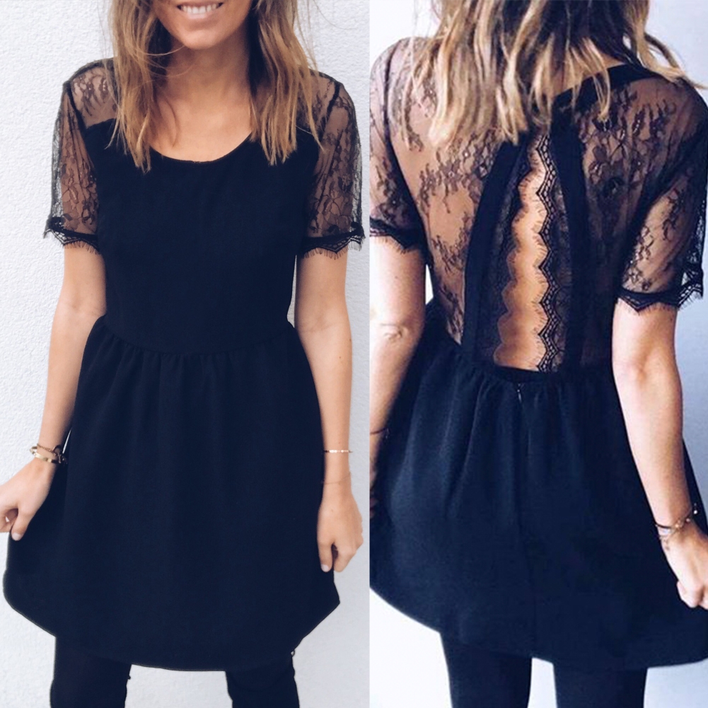 Lace Back Black Summer Skater Dress