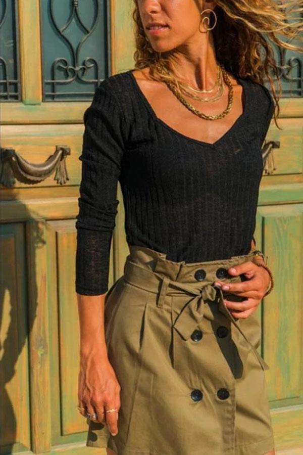 Fashion Pure Color V Neck Loose Knitted Sweater T-Shirt