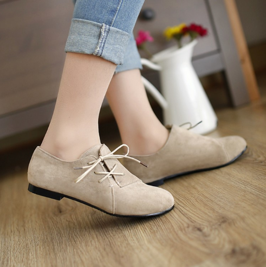 Brown Flat Heel Lace-up Artificial Nubuck Flats